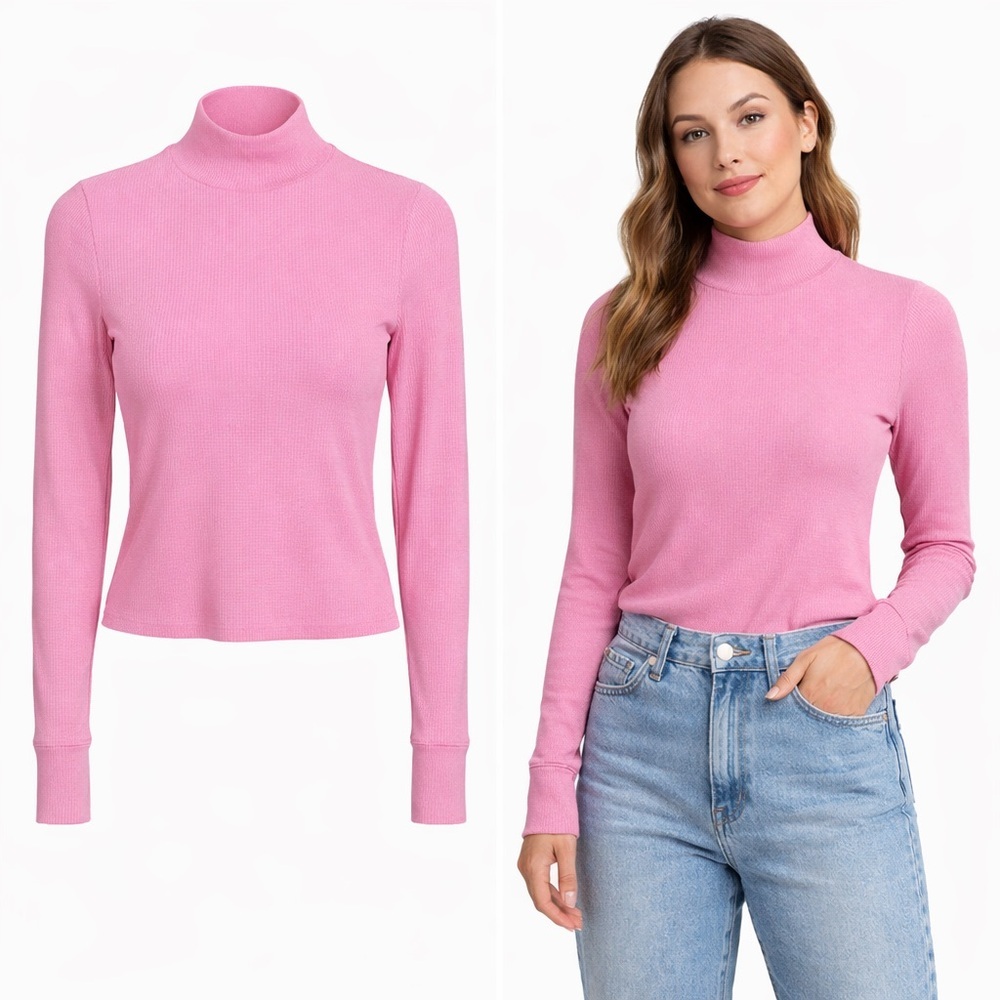 American Eagle | Pink Ribbed Mock Neck Long Sleeve Top | Stretch | Size XS - Picture 2 of 7